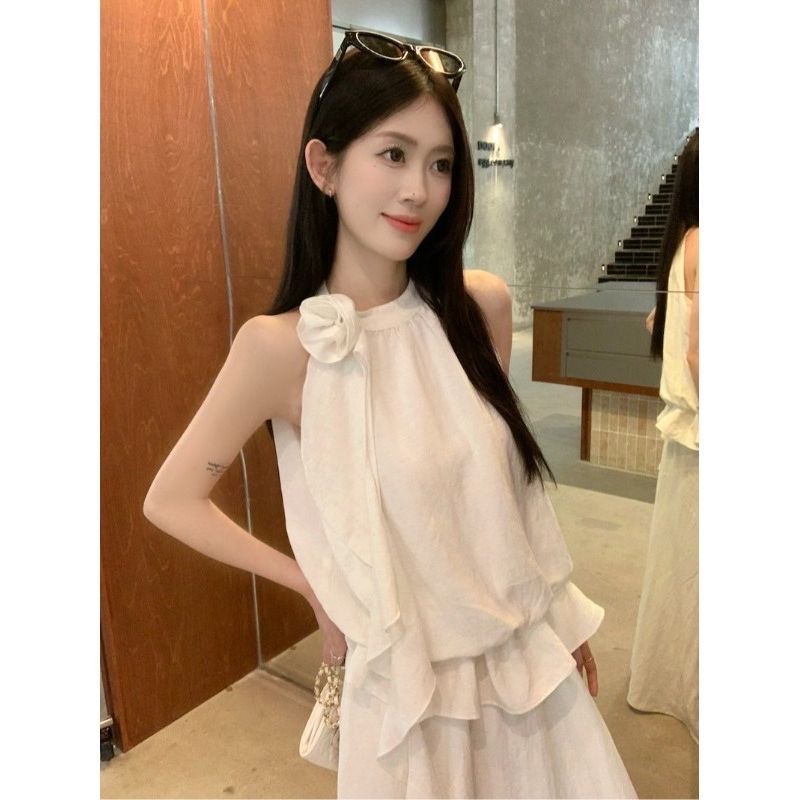 한 부서 부드러운 바람 세트 여성 여름 2026 새로운 행침 목 민소매 맨위 도루 센스 큰 진자 반신 스커트 투피스 세트