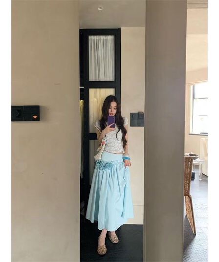turn up 첸 다리 어린이 도파민 소녀 주름 패치워크 3 차원 꽃 우산 치마 휴가 캐주얼 반신 스커트