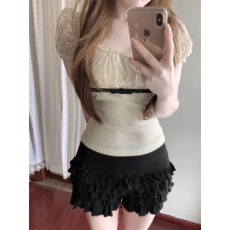 批发有货 系蕾丝拼接蝴蝶结短袖t恤瘦泡泡袖方领