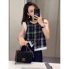 批发己出货 原版面料原版做工新款蕾丝花边格子无袖<b class='q'>衬衫</b>