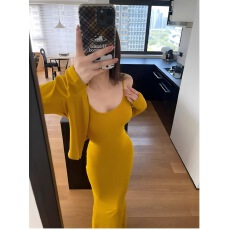 批发己出货 辣妹<b class='q'>长袖</b>修身开衫+吊带鱼尾包臀连衣裙开衫<b class='q'>两件套</b>