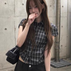 批发有货 抽绳显瘦格子短袖<b class='q'>衬衫</b>新款<b class='q'>休闲</b>百搭学院风<b class='q'>衬衣</b>