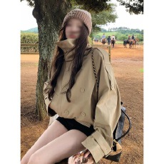 批发有货 新款英伦风设计感立领双排扣短款韩系风衣外套