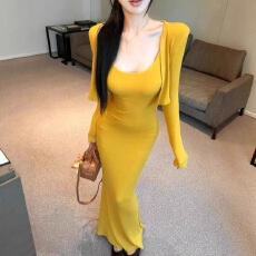 批发有货 两件套春秋显白约会包臀裙鱼尾长裙吊带裙开衫套装