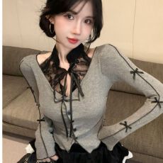 批发茶歇洋气性感挂脖蕾丝拼接蝴蝶结长袖小衫撞色蓬蓬蛋糕裙<b class='q'>套装</b>女秋