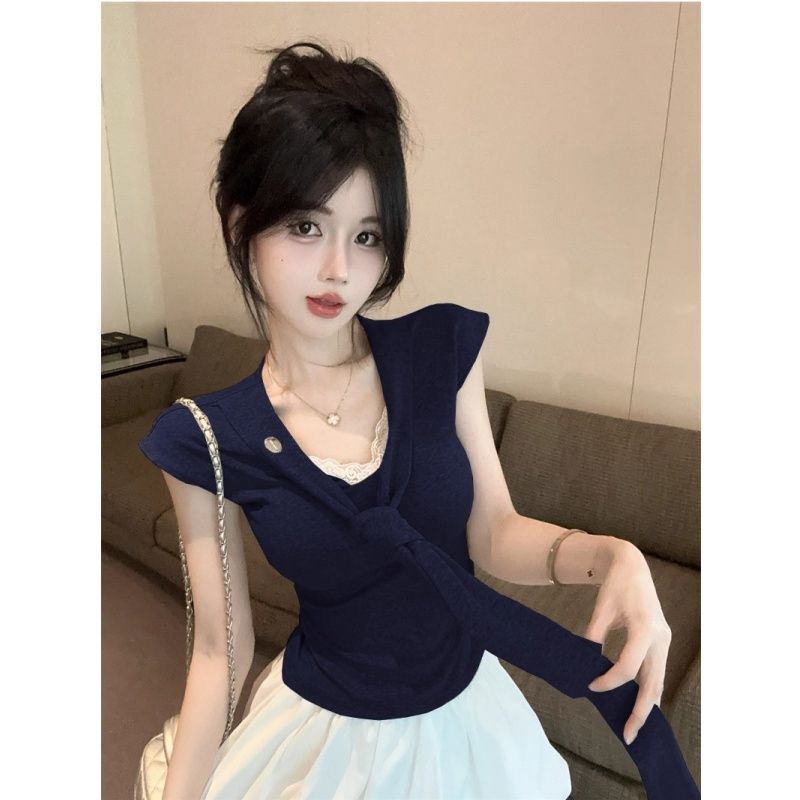 한 부서 260gt 슬림해 보이는 해군 Chic 디자인 맨위 블루 색상 스트랩 긍정적 인 어깨 반팔 여름 새로운 몸매 가꾸기