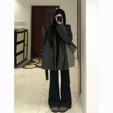 批发2026秋冬新款洋气小个子赫本短款毛呢外套灰色连帽呢子<b class='q'>大</b>衣