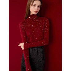 批发重工烫钻套头针织<b class='q'>打底衫</b>冬季修身显瘦新年红羊毛衫舒适长袖毛衣女