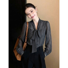 法式气质蝴蝶结系带长袖衬衫女春季时尚宽松百搭衬衣独特别致上衣