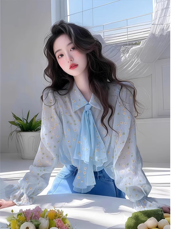 프랑스식 아름다운 품격 파란색 꽃무늬 긴팔 셔츠 여성 의류 2025 봄 여름 새로운 고급 아름다운 자외선 차단 맨위