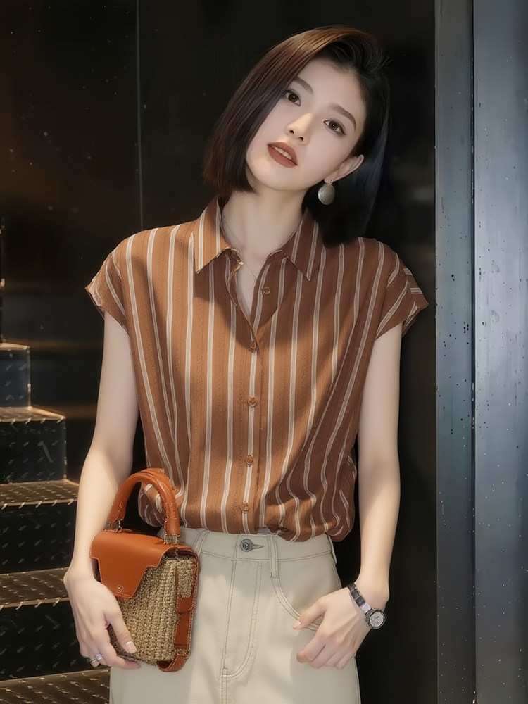 항구 바람 스트라이프 폴로 칼라 싱글 줄 버튼 여성 셔츠 여름 품격 출퇴근 루즈핏 슬림해 보이는 다용도 캐주얼 맨위 트렌디