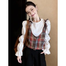 批发减龄显瘦软糯温柔风松弛感格纹吊带+白色上衣女2026早秋撞色<b class='q'>小衫</b>