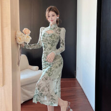 批发实拍秋季立领镂空旗袍长款开叉<b class='q'>网纱</b><b class='q'>连衣裙</b>