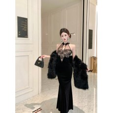 批发实拍蕾丝拼接丝绒旗袍气质收腰显瘦连衣裙