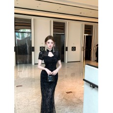 批发实拍国风新中式提花高级感开叉包臀气质旗袍连衣裙