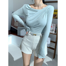 批发韩国春秋季性感一字肩上衣皱褶长袖T恤女修身打底衫内搭