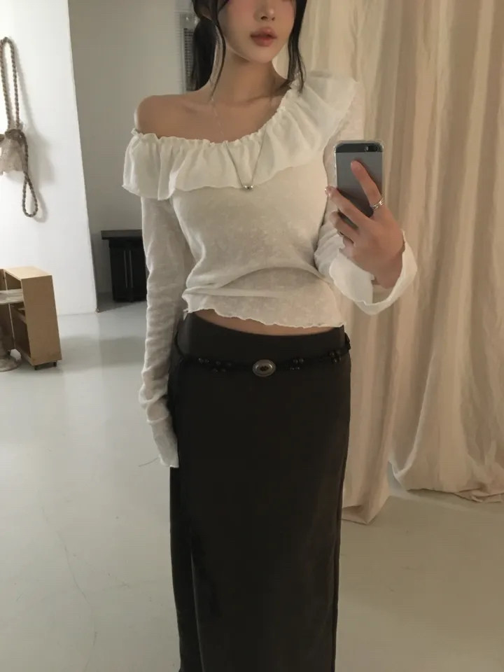 한국 동대문 새로운 봄 비스듬한 칼라 오프숄더 펌프 Pleat 프릴 몸매 가꾸기 얇은 스타일 티셔츠