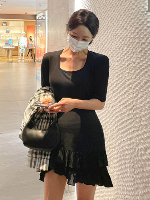 한국 동대문 새로운 허리밴드 불규칙 프릴 연령 감소 반신 스커트 미니 스커트