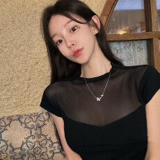 批发<b class='q'>韩国</b>东大门网纱拼接针织修身短袖<b class='q'>T</b><b class='q'>恤</b>