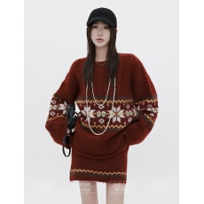 颖子定制初雪岛屿慵懒风费尔岛宽松圆领毛衣休闲高腰短裙2207