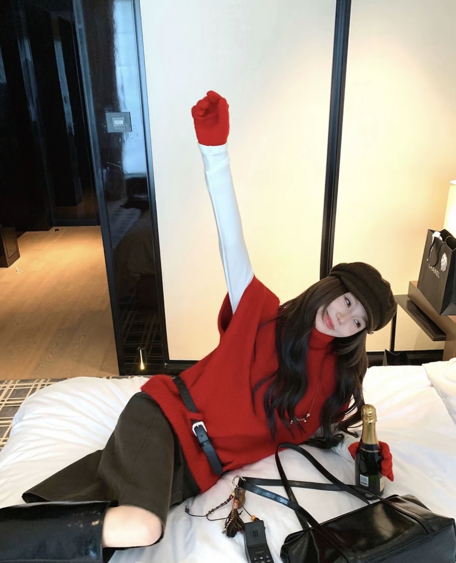 크랜베리 예 를 낳 았 을 빨간색 분위기 센스 터틀넥 베스트 스웨터 느긋한 바람 인사이드 가져 가라. 바늘 리본 벨트 c 9987#