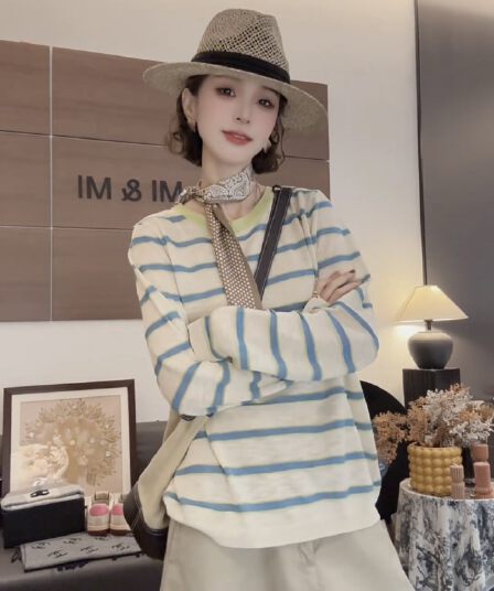 쌀 쌀 새 상점 이른 봄 새로운 한 부서 원본 관절 스트라이프 빛 럭셔리 루즈핏 다용도 맨위 2602-08