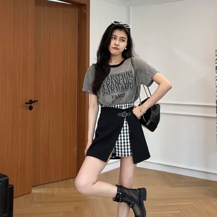 장 A 스타 방콕 열파 얇은 스타일 대나무 마디 마 니트 반팔 슬림해 보이는 페이크 레이어드 치마바지 w425x07