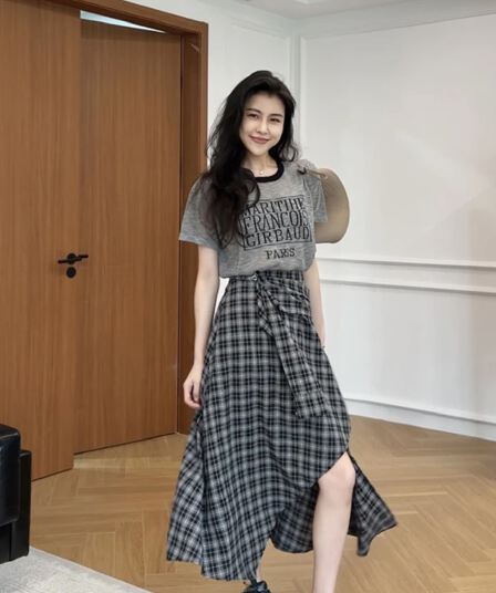 장 A 스타 자유 장 얇은 스타일 대나무 마디 마 니트 반팔 불규칙 체크무늬 치마바지 w425x077