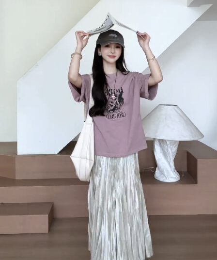 yy ・ studio 부드러운 안개 살구 분말 2026 여름 프랑스식 질감 센스 프린트 반팔 t 셔츠 치마