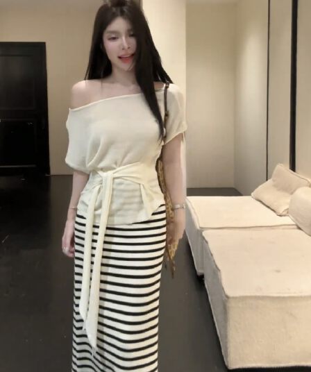 huihui 여름 한 부서 느긋한 바람 맨위 경기 스트라이프 반신 스커트 슬림해 보이는 다용도 세트 l0619