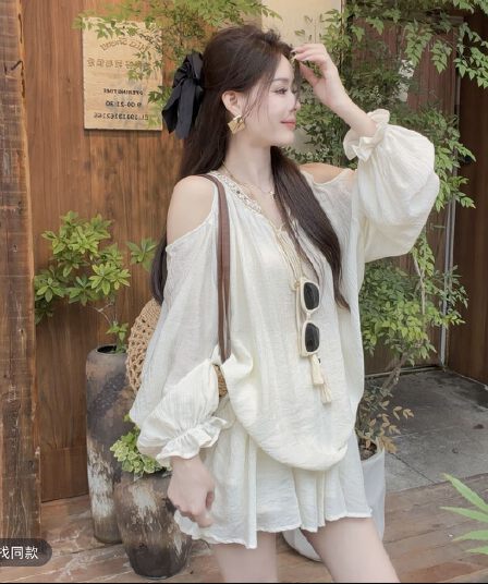 샤오 크릭 의류 한 부서 오프숄더 품격 루즈핏 느긋한 긴팔 슬림해 보이는 셔츠 치마바지 패션 세트 2325