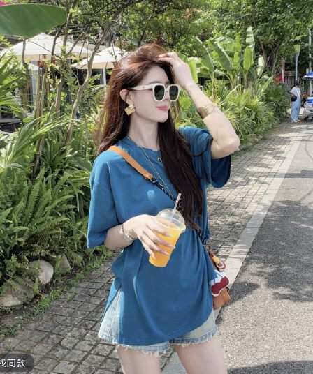 샤오 크릭 의류 여름 새로운 미니멀리즘 다용도 루즈핏 라운드 넥 중간 길이 측면 트임 반팔 티셔츠 5507