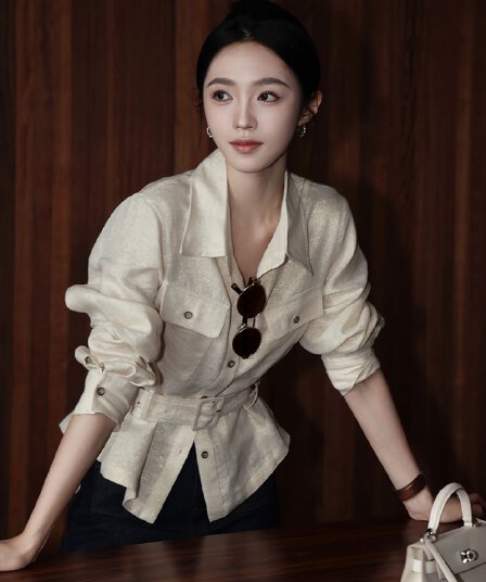 한 부서 chic 살구 색상 허리 수축 스트랩 긴팔 여성 셔츠 2026 년 봄 새로운 외국 가스 연령 감소 출퇴근 맨위