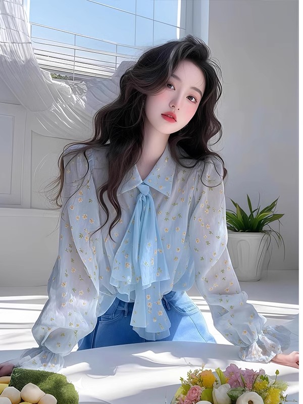 프랑스식 아름다운 품격 파란색 꽃무늬 긴팔 셔츠 여성 의류 2025 봄 여름 새로운 고급 아름다운 자외선 차단 맨위