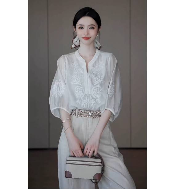 2026 여름 새로운 중식 국풍 착용 가져 가라. 숙련 된 품격 고급 센스 관대 한 점잖은 화이트 주간 실크 자수 셔츠