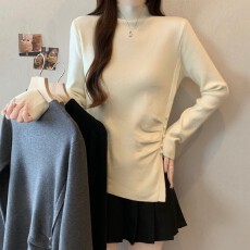 批发实拍 大码胖MM秋冬新款立领套头长袖正肩打底下摆开叉上衣针织衫