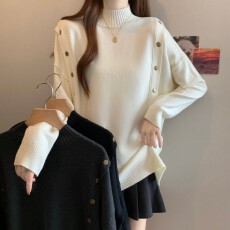 批发实拍 大码胖MM秋冬新款中领套头金属扣落肩袖宽松长袖针织衫毛衣