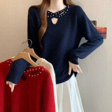 实拍~ 大码胖MM秋冬新款法式钉珠镂空领长袖正肩套头打底上衣毛衣