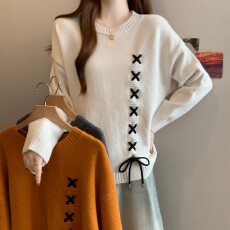 实拍~ 大码胖MM秋冬新款圆领落肩袖交叉系绳长袖套头上衣毛衣