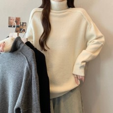 批发实拍~ 大码<b class='q'>胖</b><b class='q'>MM</b>秋冬新款高领落肩袖套头极简风长袖上衣毛衣