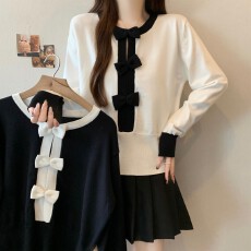 批发实拍~ 大码<b class='q'>胖</b><b class='q'>MM</b>法式小香风圆领撞色套头长袖蝴蝶结上衣毛衣