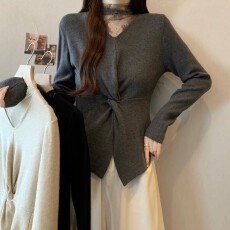 批发实拍~大码胖MM秋冬新款蕾丝拼接V领扭结收腰不对称下摆长袖针织衫