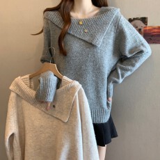 批发实拍~ 大码胖MM秋冬新款法式方领简约纯色正肩长袖羊驼上衣毛衣