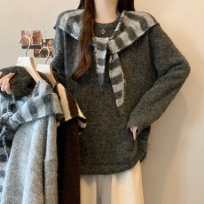 批发实拍~ 大码胖MM秋冬新款圆领纯色长袖毛衣条纹帽子披肩两件套毛衣