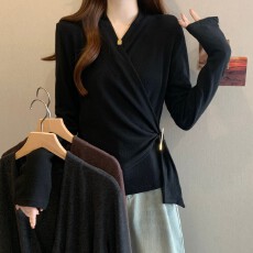 批发实拍~ 大码胖MM秋冬新款法式交叉V领长袖正肩羊绒磨毛长袖上衣