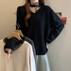 批发实拍~ 大胖MM<b class='q'>秋</b>冬新款美式蕾丝拼接V领简约套头正肩长袖毛衣