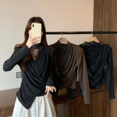 批发实拍~ 大码胖MM秋<b class='q'>冬</b>新款法式蕾丝拼接V领百褶收腰长袖套头上衣