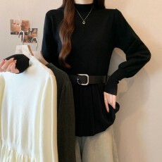 批发实拍~ 大码胖MM<b class='q'>秋</b>冬新款中领收腰皮带百褶正肩长袖套头上衣毛衣