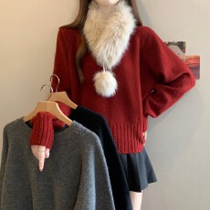 批发实拍~ 大码胖MM<b class='q'>秋</b>冬新款圆领纯色套头长袖法式毛领过年红套头毛衣
