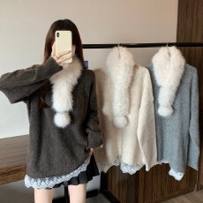 批发实拍~ 大码胖MM<b class='q'>秋</b>冬新款圆领拼接蕾丝下摆法式毛领长袖套头毛衣
